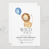 ワイルドワンライオン水彩風船ボーイズ1歳の誕生日 招待状 (正面/裏面)