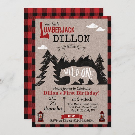 ワイルドワンランバージャックファースト1歳招待状 招待状 (正面/裏面)