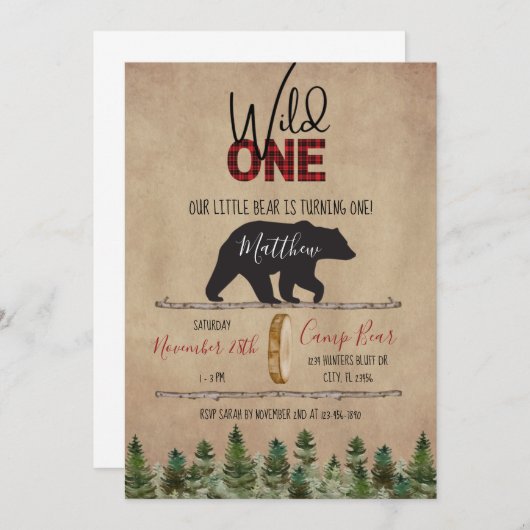ワイルドワンランバージャック誕生日印刷可能招待状 招待状 (正面/裏面)