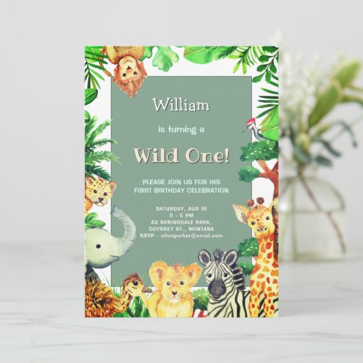 ワイルドワンレインフォレストアニマルお洒落誕生日 招待状 (スタンド正面)