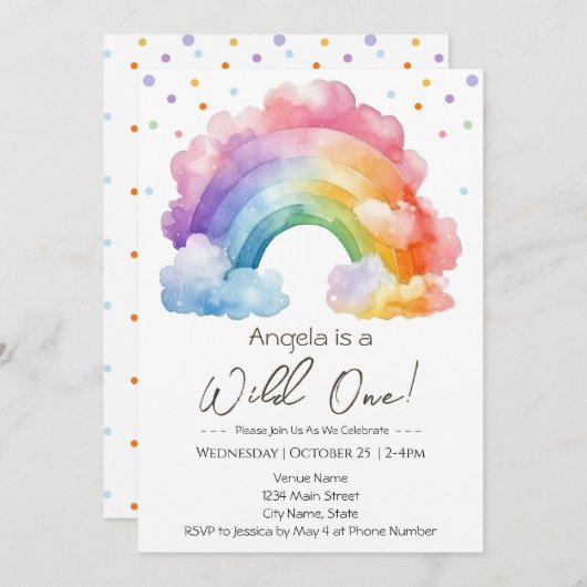 ワイルドワンレインボー子供の誕生日 招待状 (正面/裏面)
