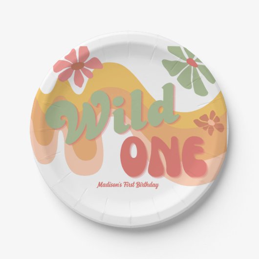 ワイルドワンレトロレインボーデイジー1st誕生日 ペーパープレート (正面)
