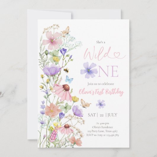 ワイルドワンワイルドフラワーズフローラガールファースト誕生日 招待状 (正面)