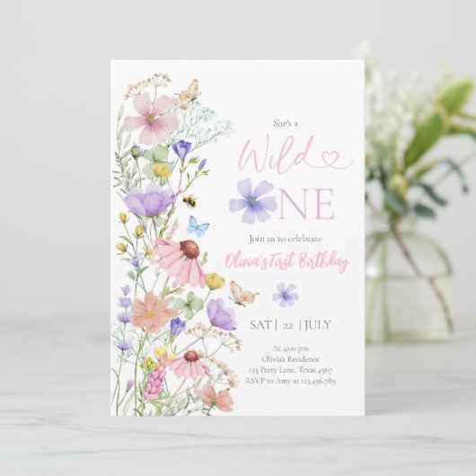 ワイルドワンワイルドフラワーズフローラガールファースト誕生日 招待状 (スタンド正面)