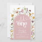 ワイルドワンワイルドフラワーズ赤面ピンク1歳の誕生日 招待状 (正面)
