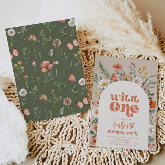 ワイルドワンワイルドフラワーファースト誕生日招待状 招待状