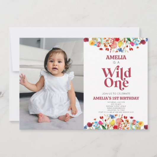 ワイルドワンワイルドフラワー写真第1誕生日パーティー 招待状 (正面)