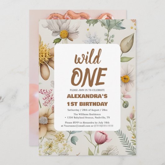 ワイルドワンワイルドフラワー1st誕生日 招待状 (正面/裏面)