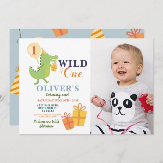 ワイルドワンワニ誕生日ファーストパーティー写真 招待状 (正面/裏面)