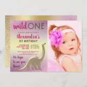 ワイルドワン写真1stバースデーピンクと金ゴールド恐竜 招待状 (正面/裏面)