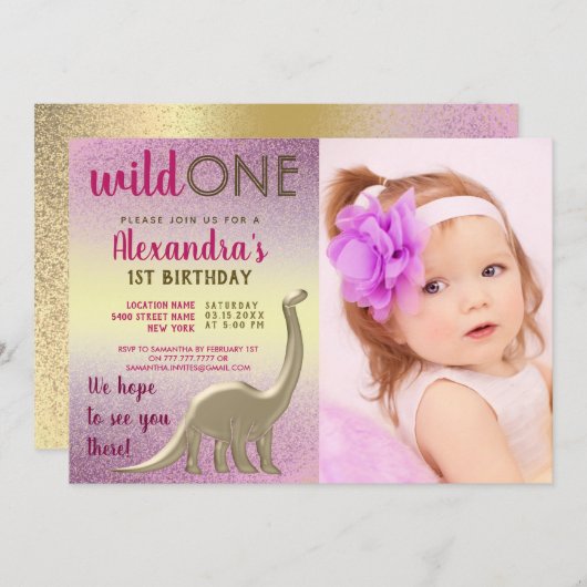 ワイルドワン写真1stバースデーピンクと金ゴールド恐竜 招待状 (正面/裏面)