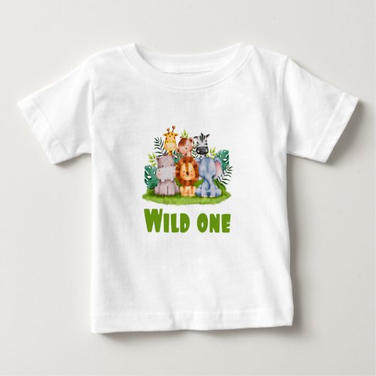 ワイルドワン動物園誕生日サファリジャングル動物ベイビー ベビーTシャツ (正面)
