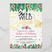 ワイルドワン恐竜ガールズ1歳実在誕生日 箔招待状 (正面)