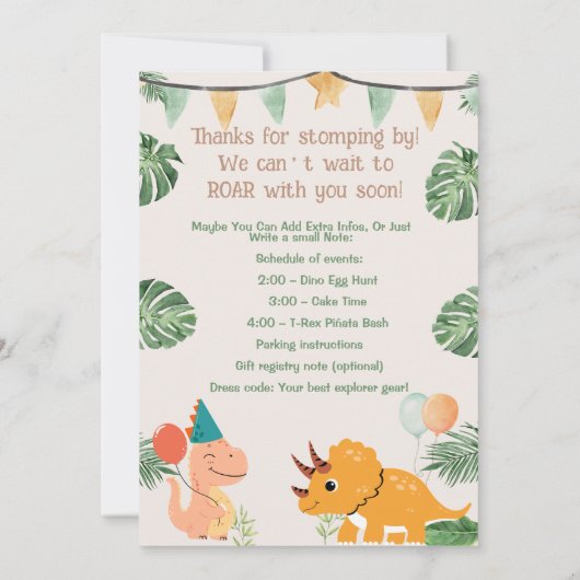 ワイルドワン恐竜誕生日招待状 | 編集可能 招待状 (裏面)