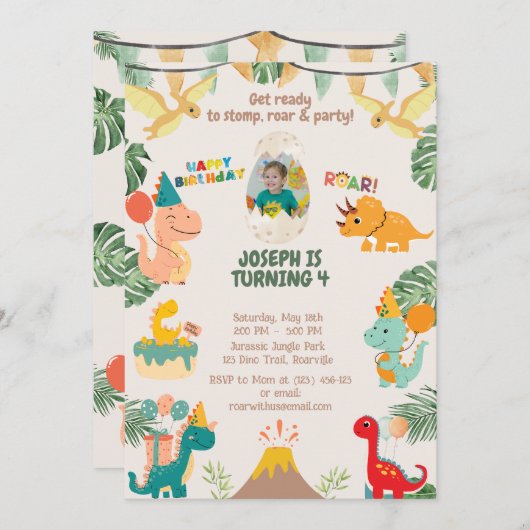 ワイルドワン恐竜誕生日招待状 | 編集可能 招待状 (正面/裏面)