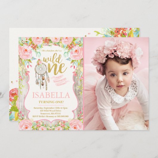 ワイルドワン招待状ガールボホドリームキャッチャーパーティー 招待状 (正面/裏面)