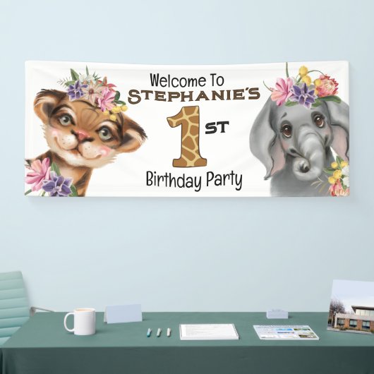 ワイルドワン最初のタイガーエレファントサファリの誕生日 横断幕 (トレードショー)