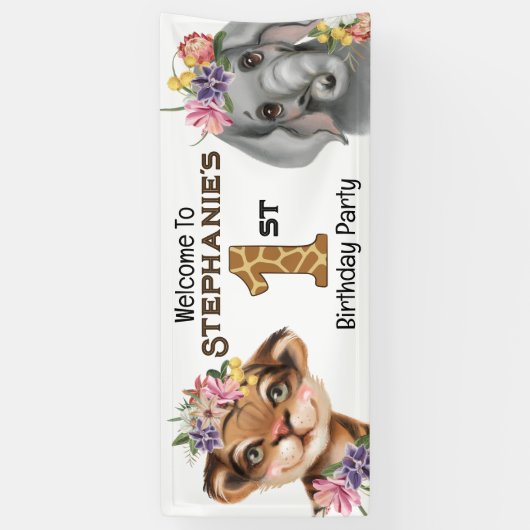 ワイルドワン最初のタイガーエレファントサファリの誕生日 横断幕 (縦)