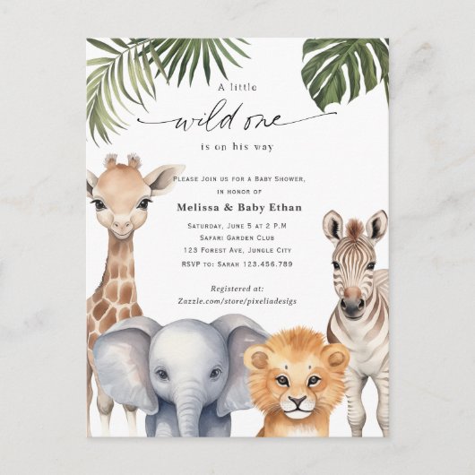 ワイルドワン男の赤ちゃんシャワーサファリベビーアニマル インビテーションポストカード (正面)