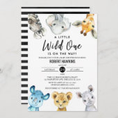 ワイルドワン男女兼用サファリ動物ベビーシャワー 招待状 (正面/裏面)