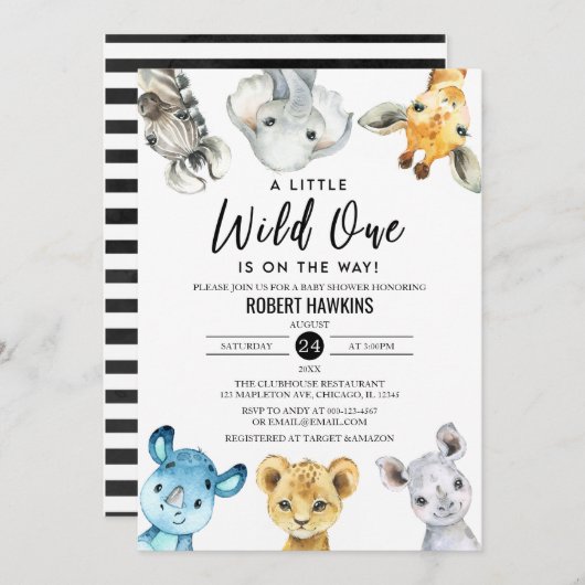 ワイルドワン男女兼用サファリ動物ベビーシャワー 招待状 (正面/裏面)