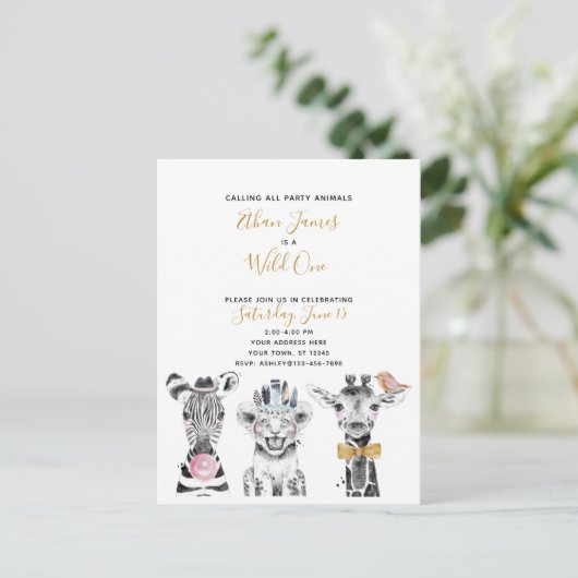 ワイルドワン白黒イエローチャイルドバースデーパーティー インビテーションポストカード (スタンド正面)