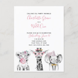 ワイルドワン白黒ピンクガールズバースデーパーティー インビテーションポストカード