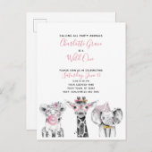 ワイルドワン白黒ピンクガールズバースデーパーティー インビテーションポストカード (正面/裏面)