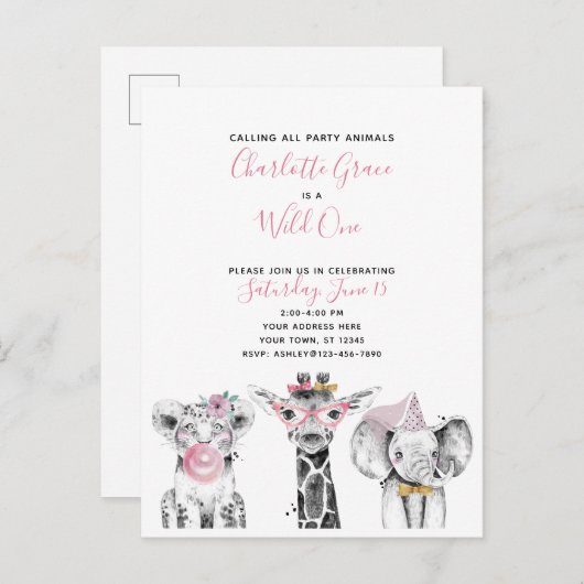 ワイルドワン白黒ピンクガールズバースデーパーティー インビテーションポストカード (正面/裏面)
