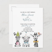 ワイルドワン白黒ブルーチャイルドズバースデーパーティー インビテーションポストカード (正面/裏面)