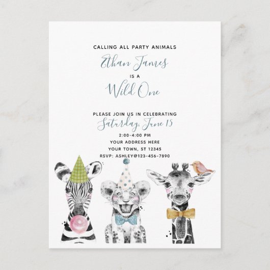 ワイルドワン白黒ブルーチャイルドズバースデーパーティー インビテーションポストカード (正面)