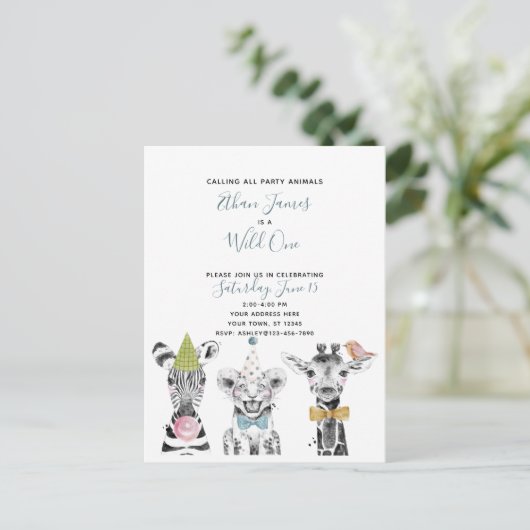 ワイルドワン白黒ブルーチャイルドズバースデーパーティー インビテーションポストカード (スタンド正面)