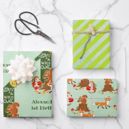 ワイルドワン秋ウッドランドフォレストアニマル子供の誕生日 ラッピングペーパーシート (正面)