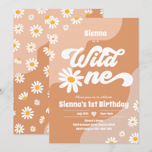 ワイルドワン第1誕生日パーティーボホフローラデイジー 招待状 (正面/裏面)