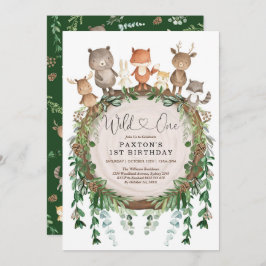 ワイルドワン素朴ウッドランドフォレストアニマルズ誕生日 招待状