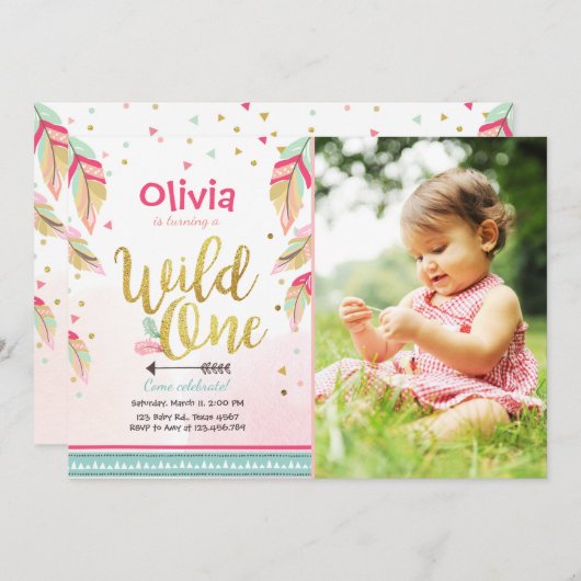 ワイルドワン誕生日の招待ファースト誕生日ガール 招待状 (正面/裏面)