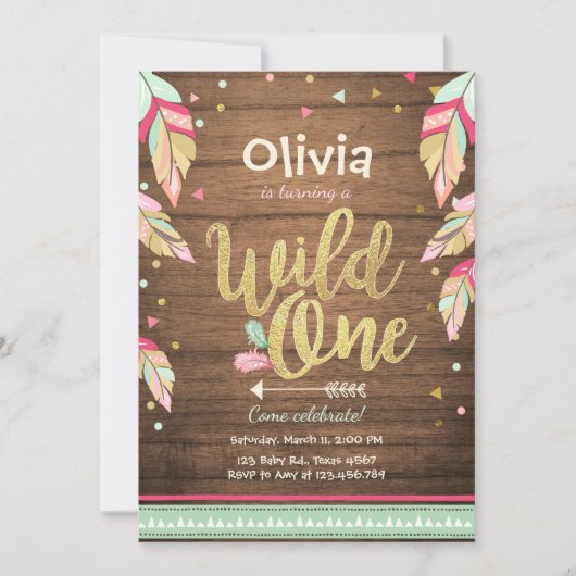 ワイルドワン誕生日の招待ファースト誕生日ガール 招待状 (正面)