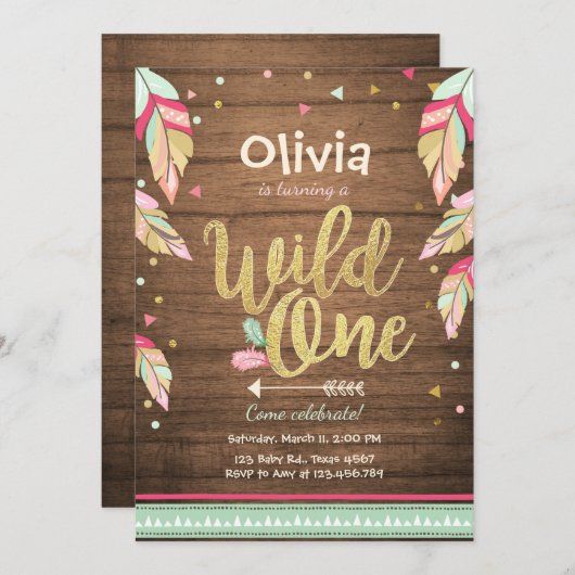 ワイルドワン誕生日の招待ファースト誕生日ガール 招待状 (正面/裏面)