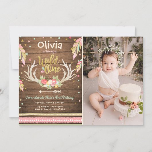 ワイルドワン誕生日の招待ファースト誕生日ガール 招待状 (正面)