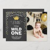 ワイルドワン誕生日の招待ボーイラスティックブラック金ゴールド 招待状 (正面/裏面)