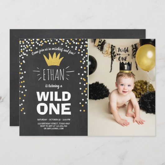 ワイルドワン誕生日の招待ボーイラスティックブラック金ゴールド 招待状 (正面/裏面)