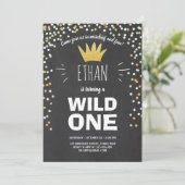 ワイルドワン誕生日の招待ボーイラスティックブラック金ゴールド 招待状 (スタンド正面)