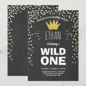 ワイルドワン誕生日の招待ボーイラスティックブラック金ゴールド 招待状 (正面/裏面)