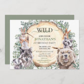 ワイルドワン誕生日ウッドランドツリーアニマルパーティー 招待状 (正面/裏面)