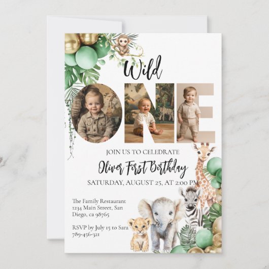 ワイルドワン誕生日サファリ動物写真 招待状 (正面)