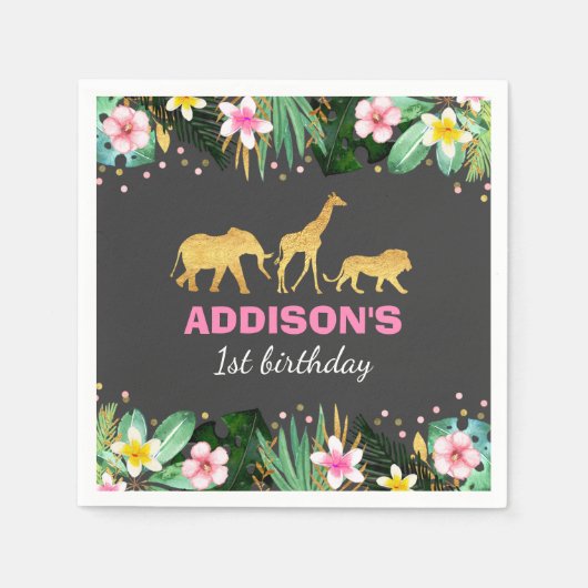 ワイルドワン誕生日ジャングルアニマルズナプキン スタンダードカクテルナプキン (正面)