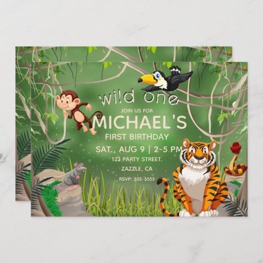 ワイルドワン誕生日ジャングルアニマルズパーティー 招待状 (正面/裏面)