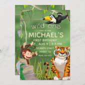 ワイルドワン誕生日ジャングルアニマルズパーティー 招待状 (正面/裏面)