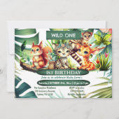 ワイルドワン誕生日ジャングルサファリトロピカルグリーン 招待状 (正面)