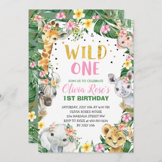 ワイルドワン誕生日ジャングルサファリ招待状 招待状 (正面/裏面)